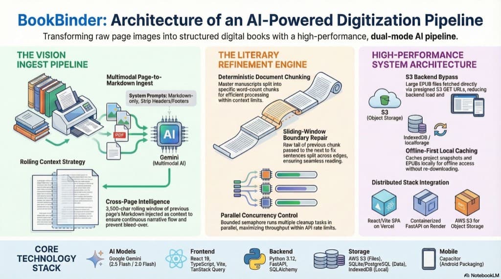 BookBinder architecture showing ingest pipeline, literary refinement engine, and high-performance system design