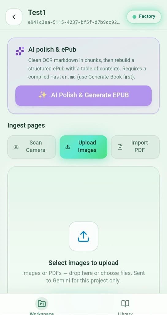 BookBinder factory page with upload, AI polish, and EPUB generation controls