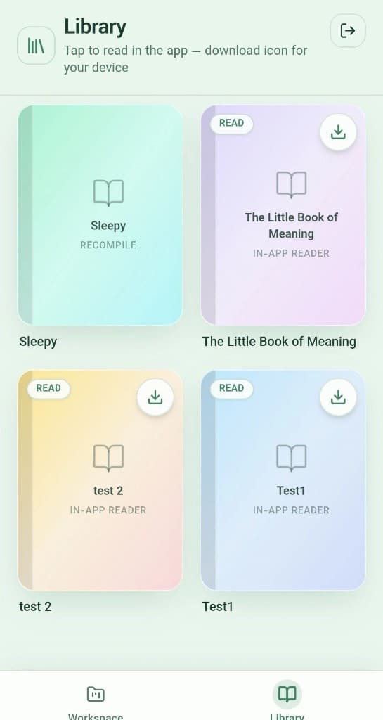 BookBinder library showing offline-ready books with read and download actions