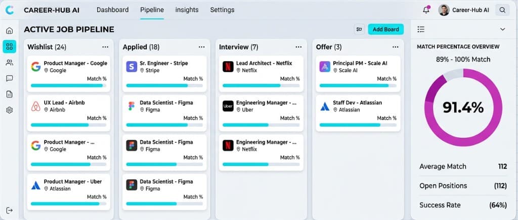 Apply Hub Kanban board with job cards and match analytics