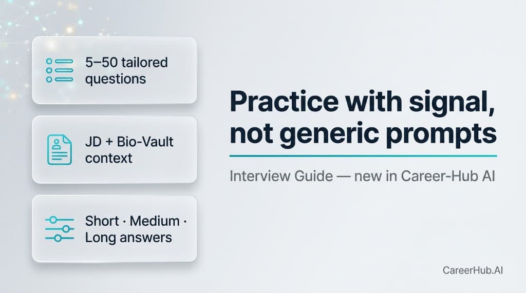 Interview Guide feature highlights with three glass cards