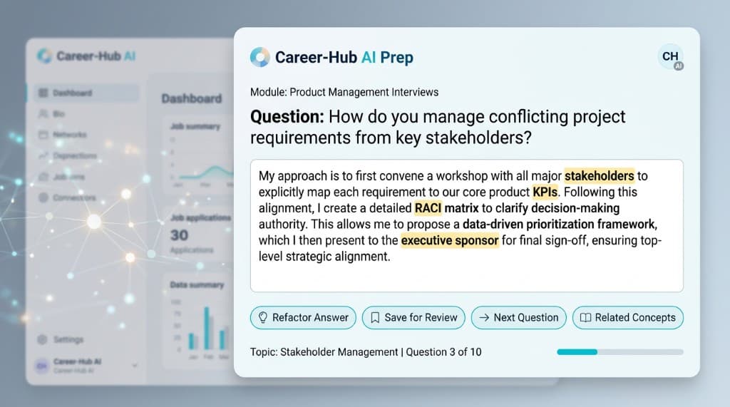 Interview prep coach view with answer and action pills
