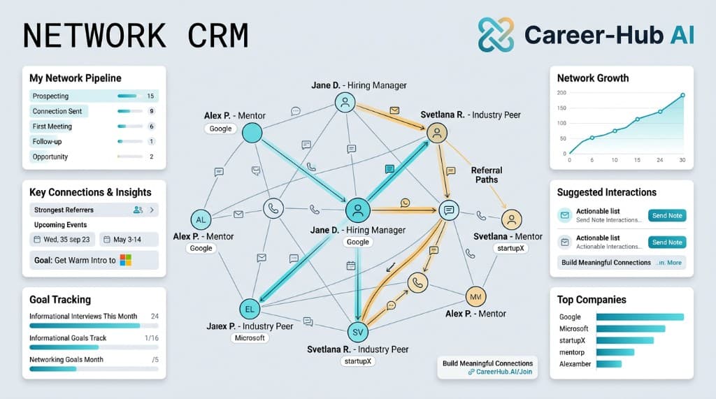 Network CRM with graph, pipeline, and charts