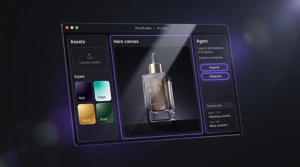 HeroFrame AI Studio — assets, hero canvas, agent panel, and iteration chat