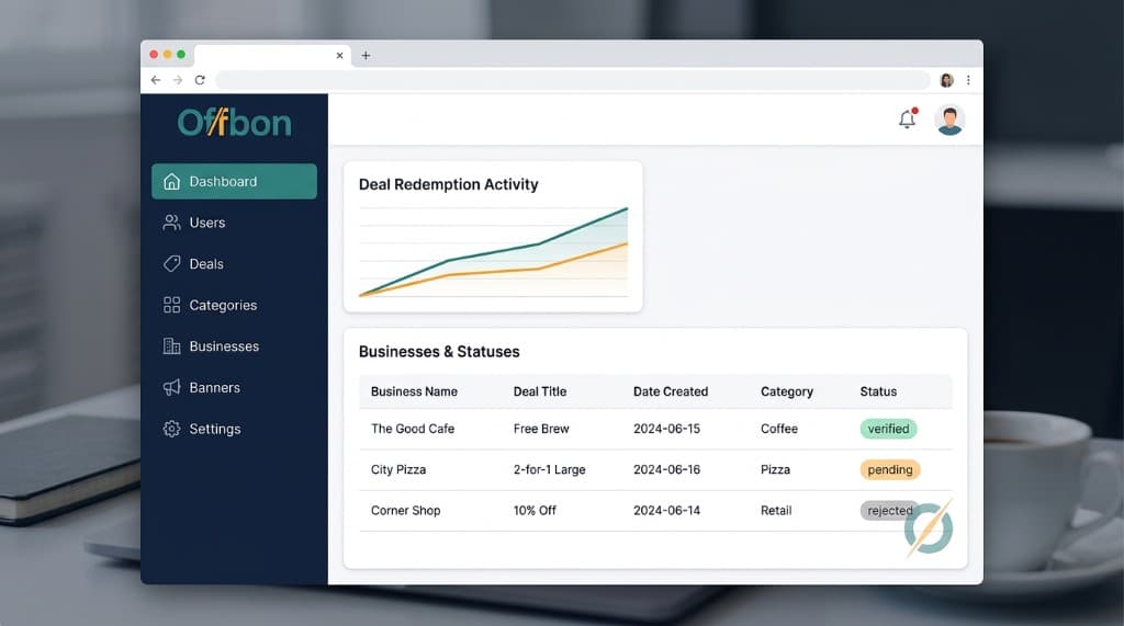 OffBon admin panel showing redemption activity and business moderation statuses