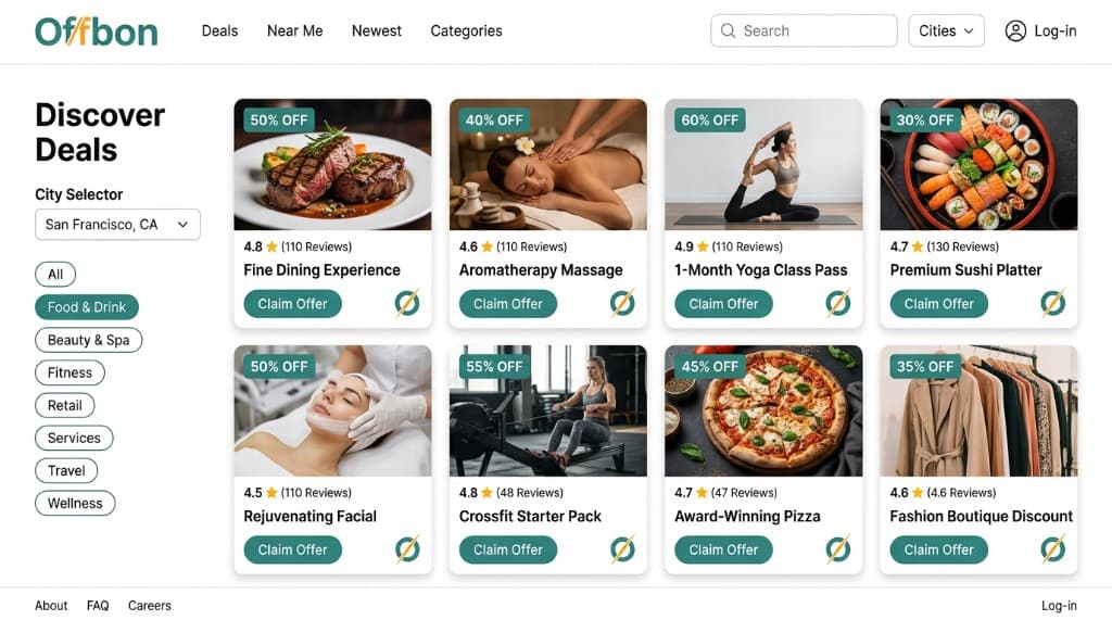 OffBon deal discovery catalog with category filters and offer cards