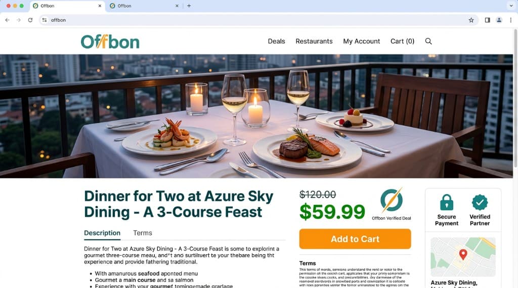 OffBon deal detail page with pricing, trust indicators, and add-to-cart flow