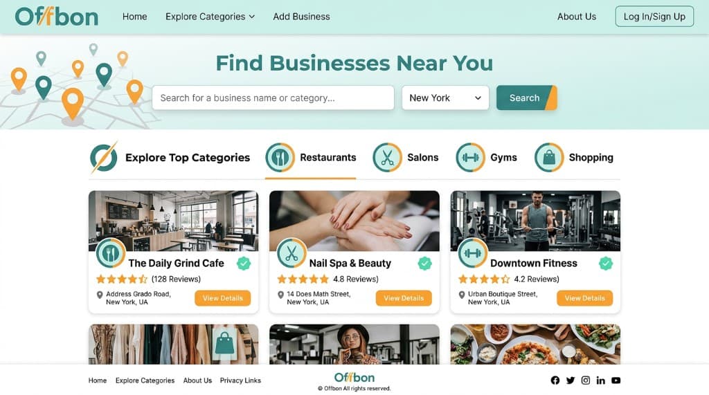 OffBon homepage with search, top categories, and business cards