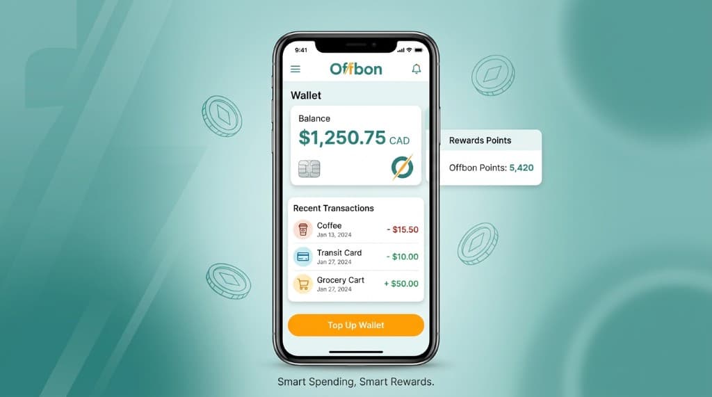 OffBon mobile wallet showing balance, points, and transaction history